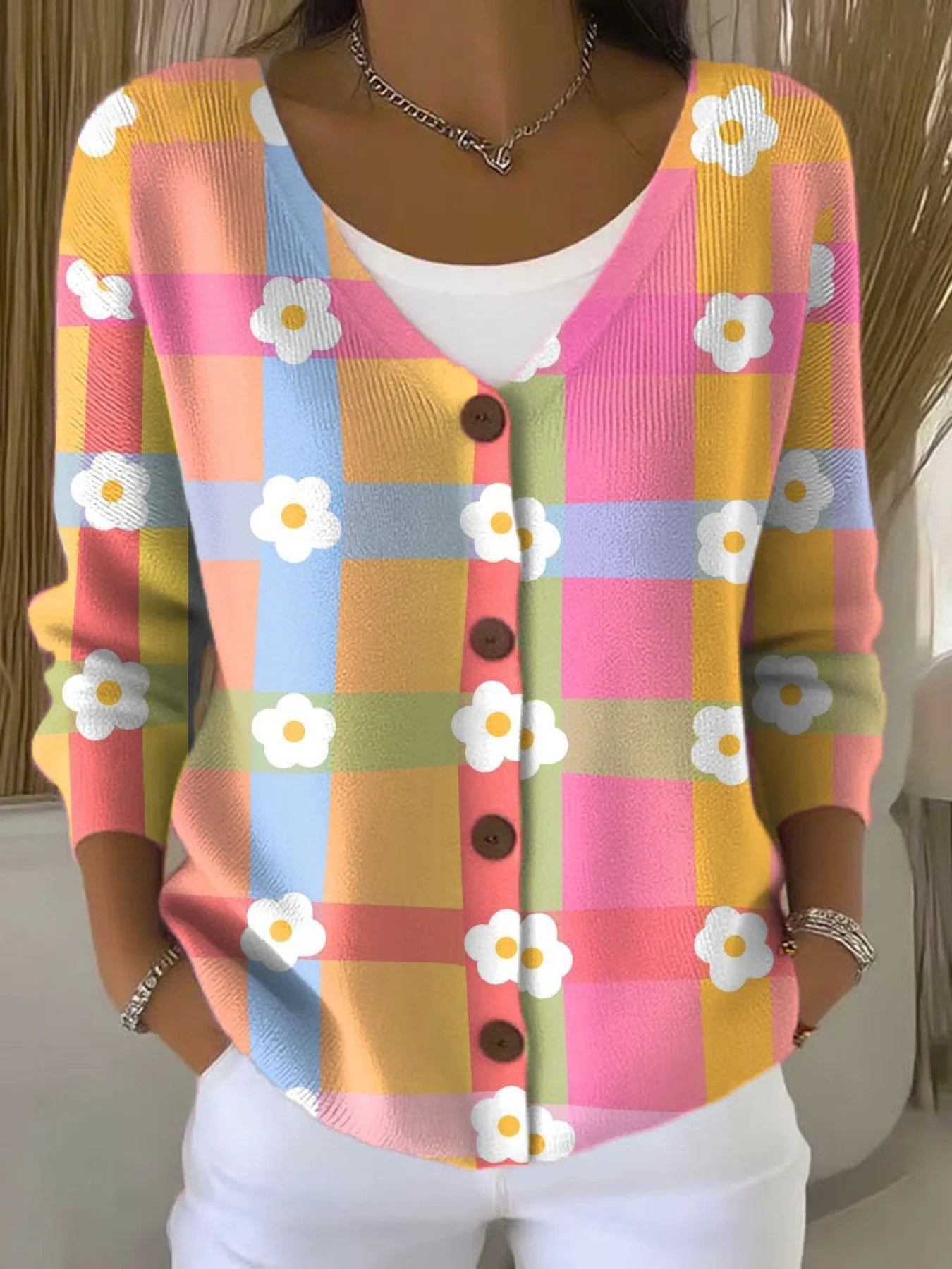 Small Flower Colorful Plaid Print Buttoned V-neck Cardigan Sweater