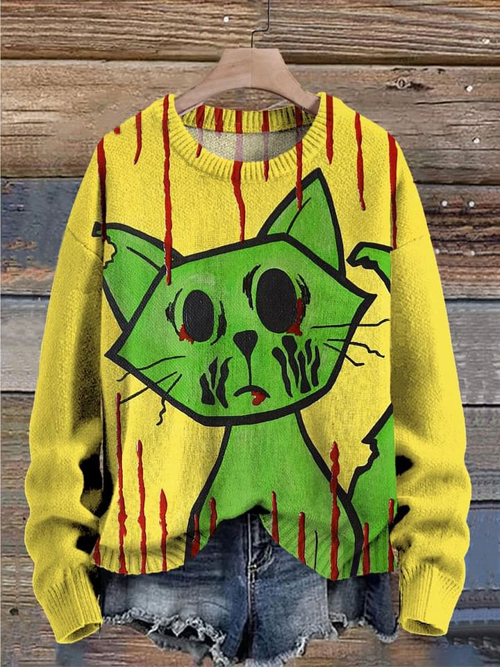Halloween Cartoon Zombie Cat Graphic Printed Knit Pullover Sweater