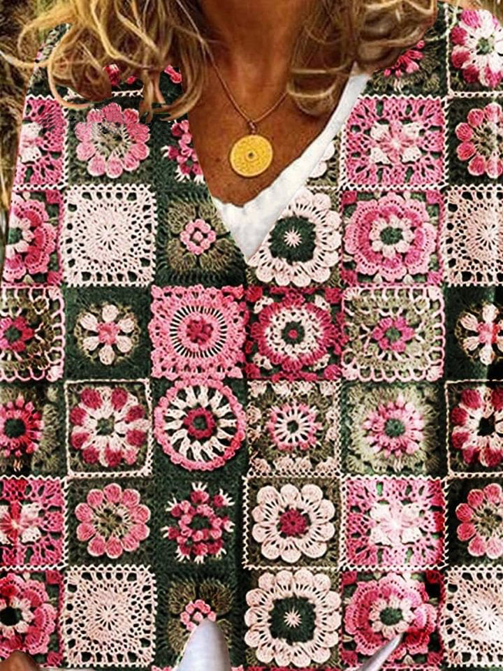 Flower Pattern Art Print Buttoned V-neck Cardigan Sweater