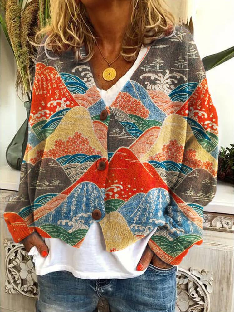 Japanese Floral Print Buttoned Casual Cardigan  Sweater