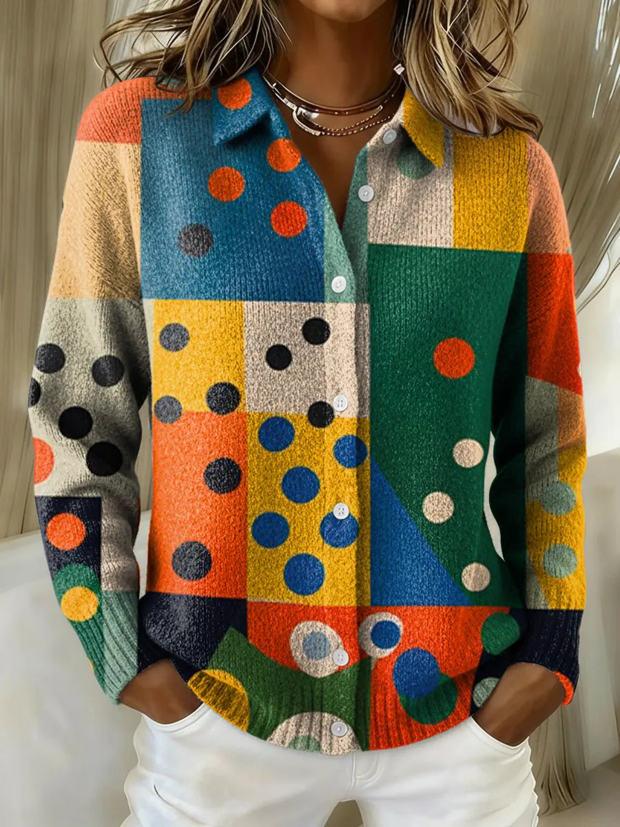 Women's Retro Colorful Abstract Geometric Printed Collared Sweater