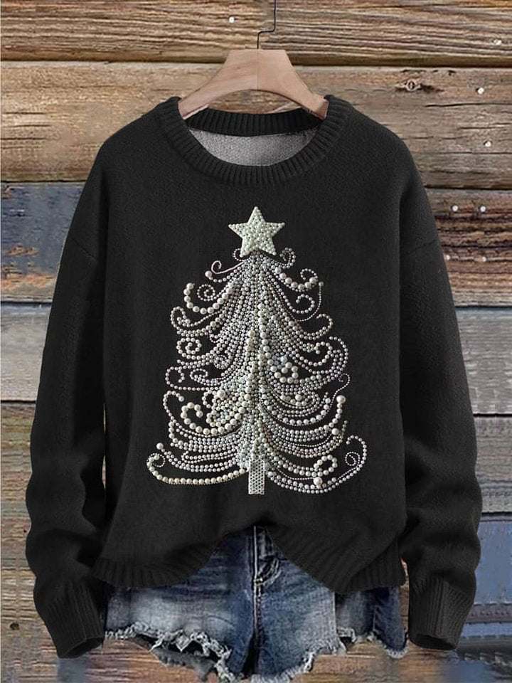 Christmas Tree Jewelry Art Pearls Print Knit Pullover Sweater