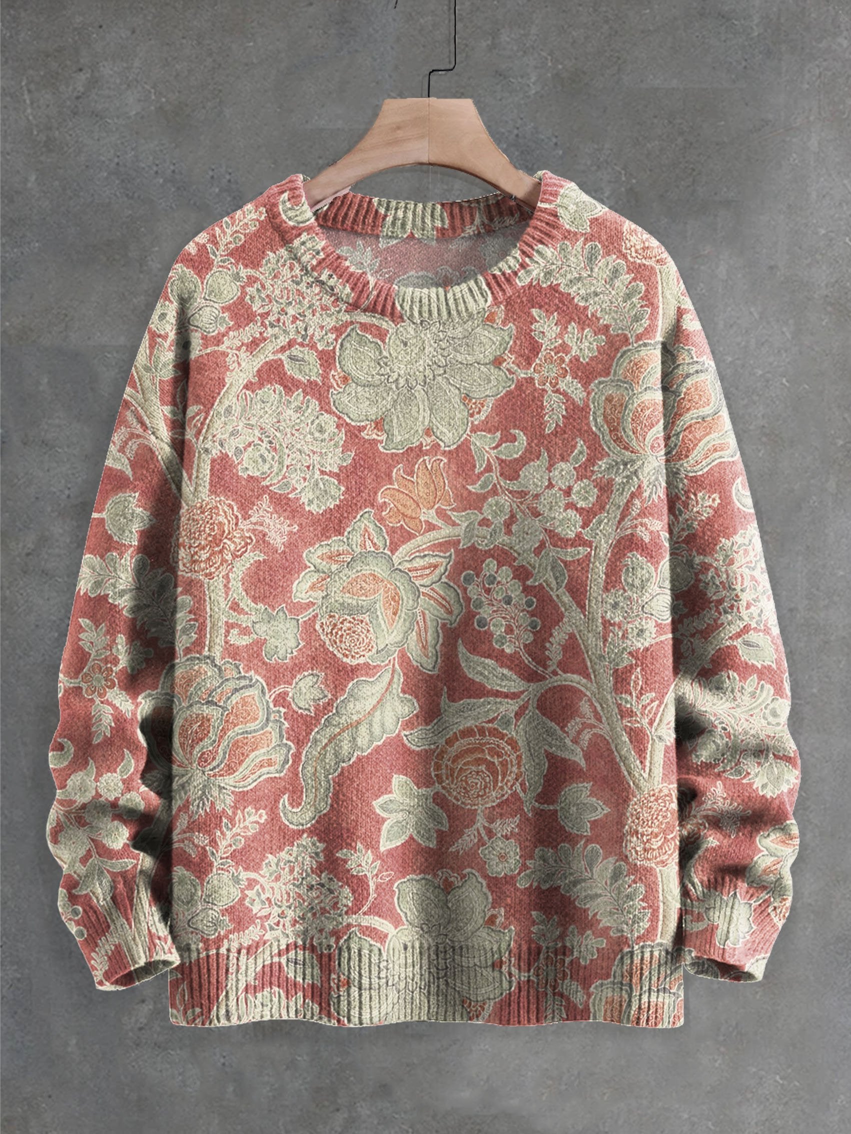 Vintage Floral Print Knitted Pullover Sweater