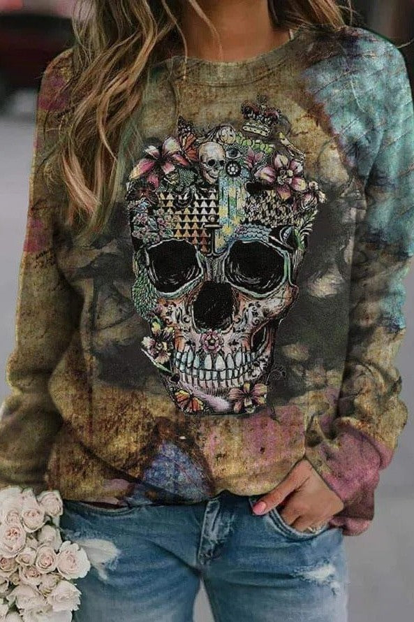 Halloween Skull Print Crew Neck Long Sleeves Sweatshirt