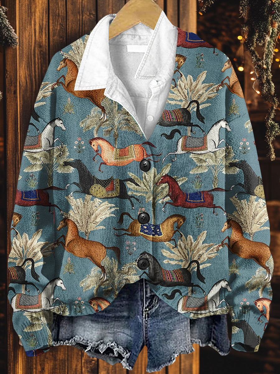 Vintage Horse Art Print Button V Neck Cardigan Sweater