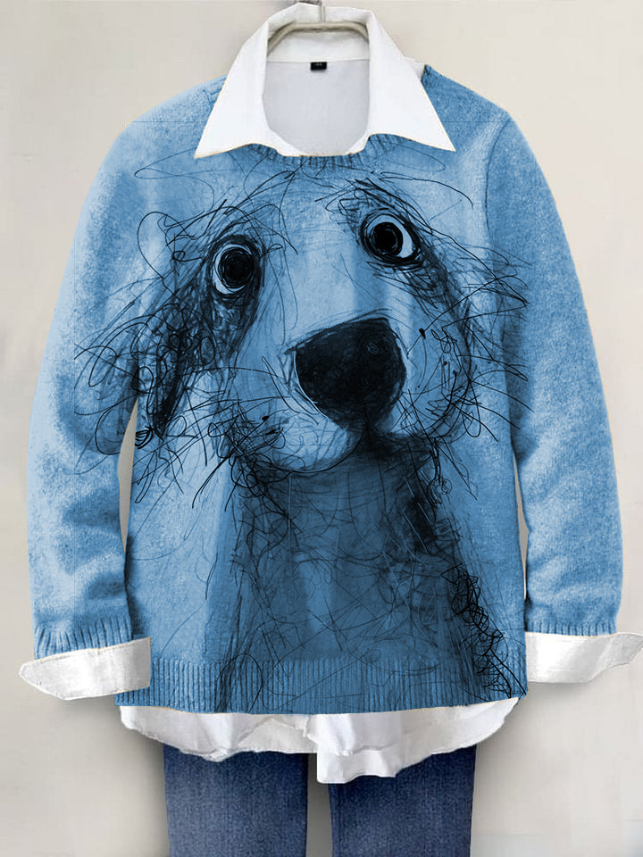 Cute Dog Hand-painted Art Print Knit Pullover Sweater
