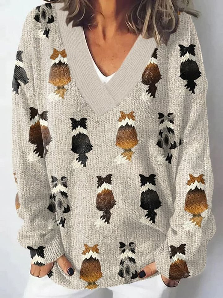 Women'S Colorful Border Collie Print V-Neck Long Sleeved Knitted Cardigan