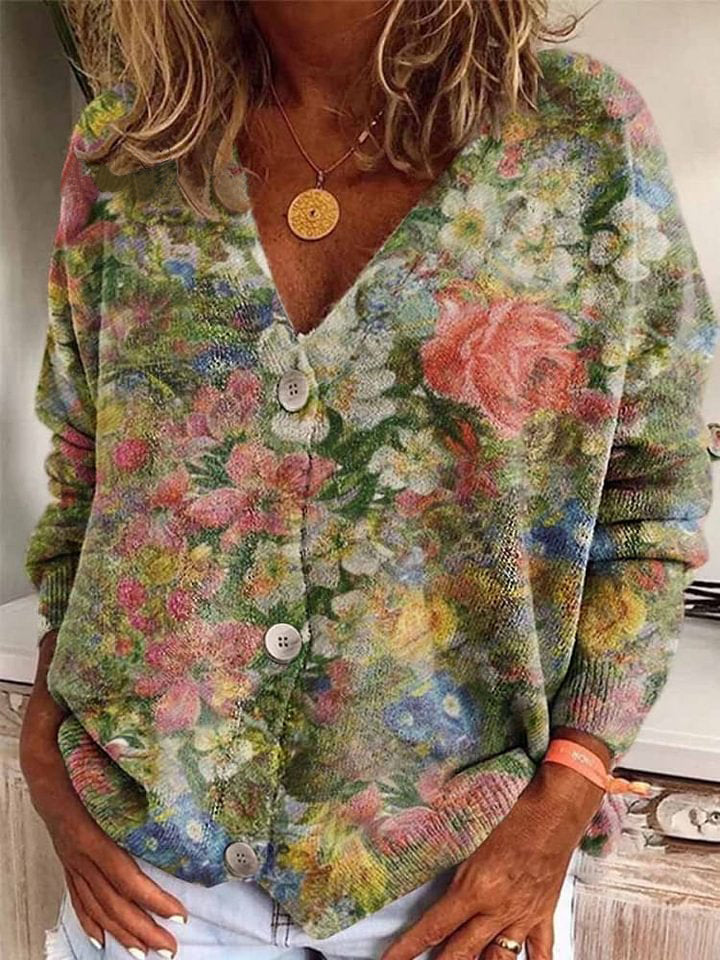 Ladies V Neck Printed Long Sleeve Button Casual Cardigan