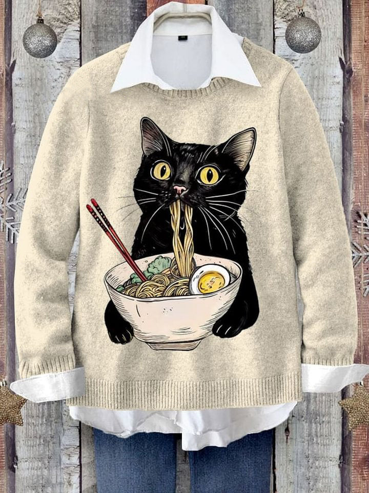 Nooddle Black Cat Art Print Knit Pullover Sweater