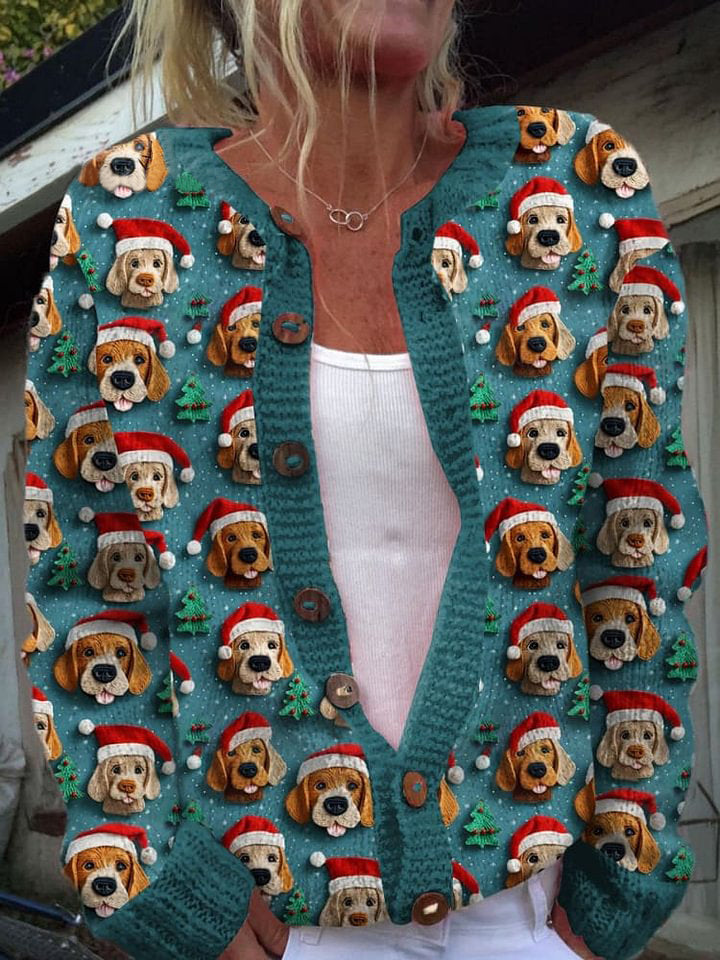 Christmas Funny Dog Art  Print Buttoned Cardigan Sweater