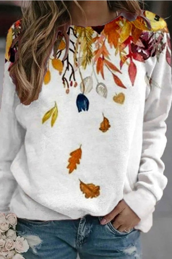 Leaf Print Crew Neck Casual Long Sleeves Sweatshirt