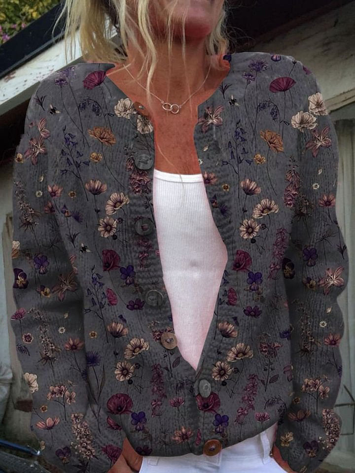 Floral Art Print Buttoned Cardigan Sweater