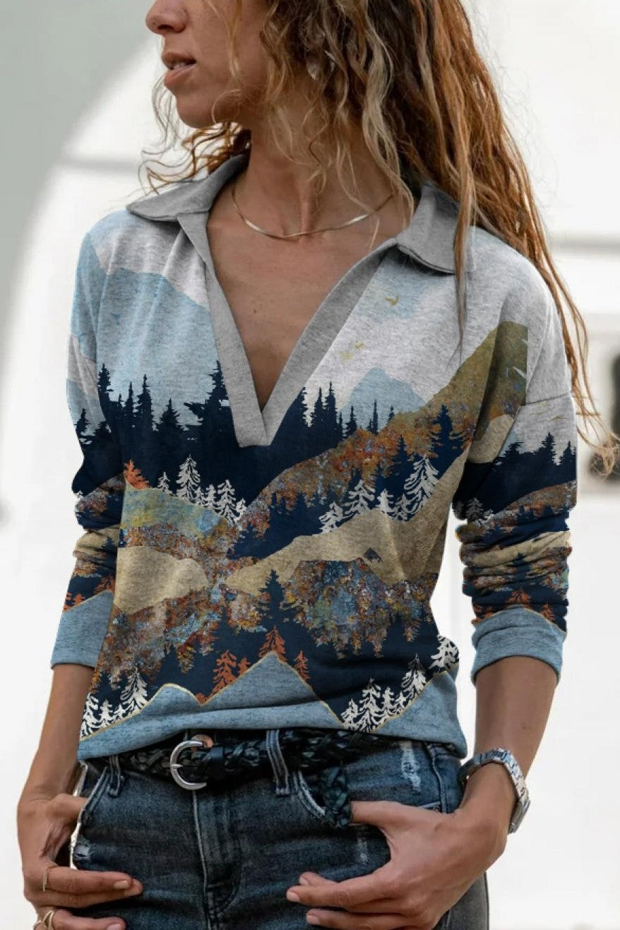 Landscape Print V-neck Lapel Long Sleeves Sweatshirt