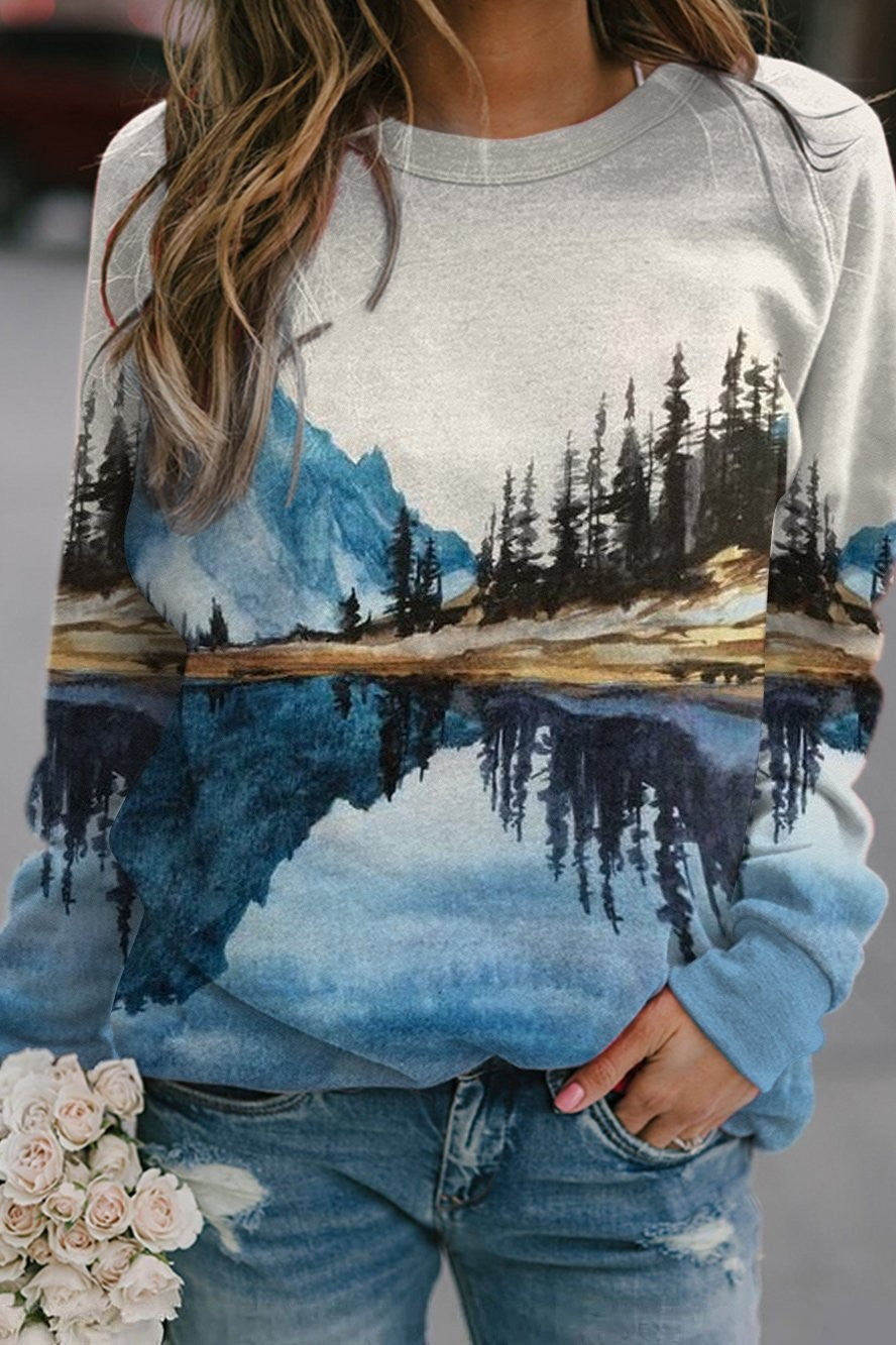 Landscape Print Inverted Image Long Sleeves Sweatshirt