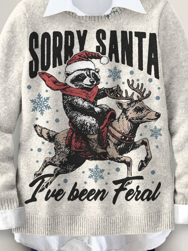 Sorry Santa Raccoon Funny Holiday Art Print Knit Pullover Sweater