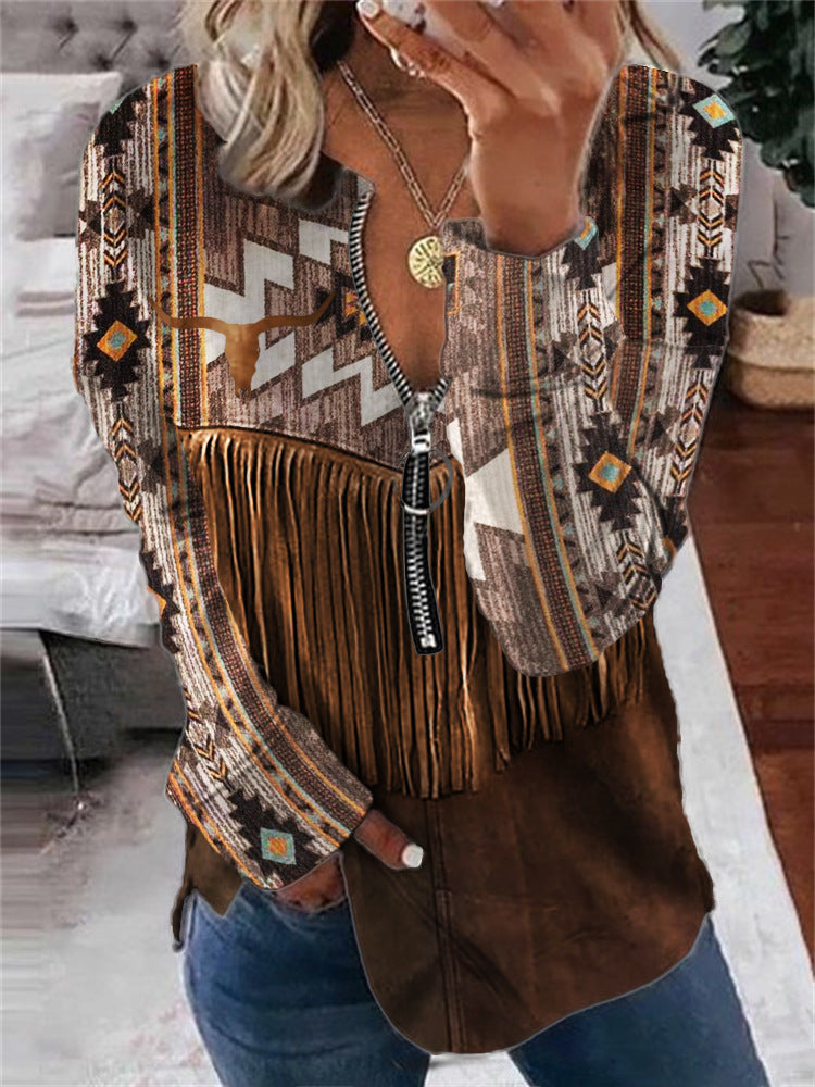 Autumn  Abstract Printed Long Sleeve Half Zipper Sweatshirt