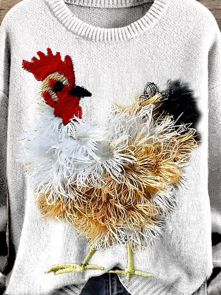 Farm Cute Animals Chicken Embroidery Simulation Print Knit Pullover Sweater