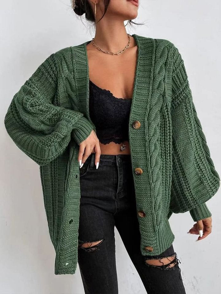 Loose Sweater Coat Autumn and Winter Twist Solid Color V-neck Cardigan