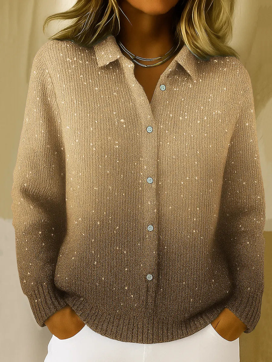Women's Gradient Print Collared Long Sleeve Casual Loose Sequined Knit Cardigan