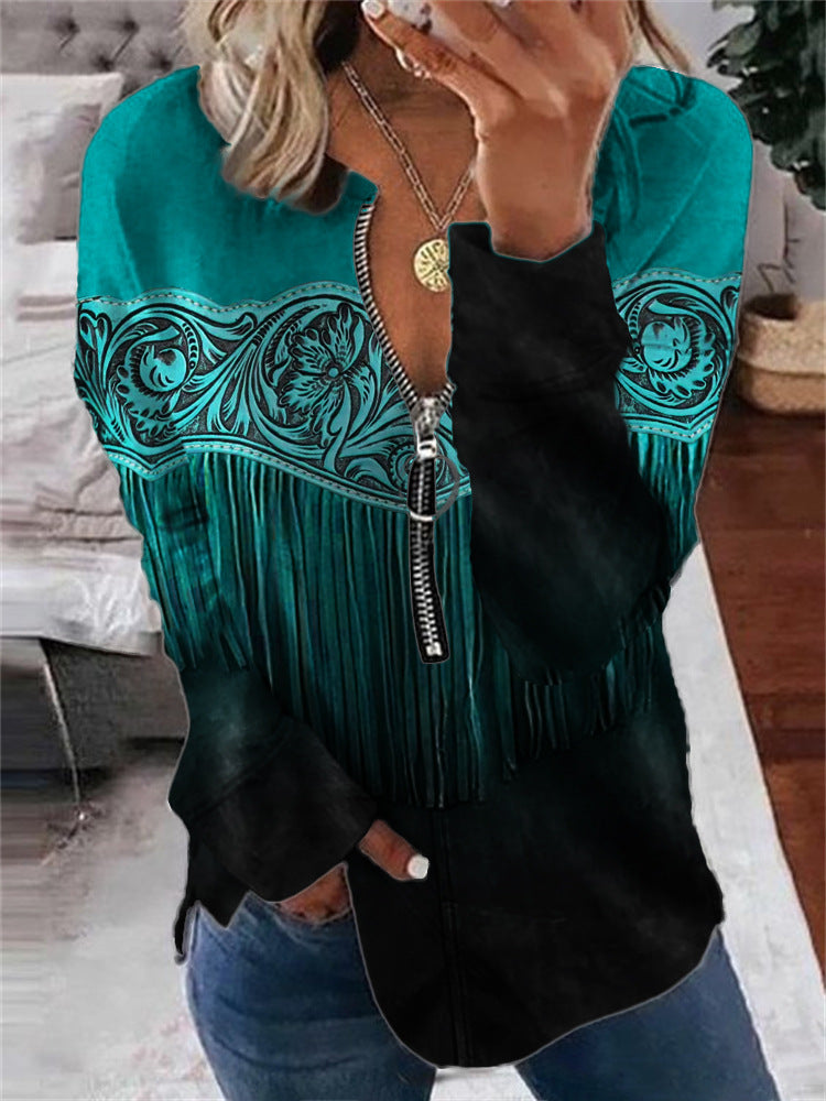 New Wish Trendy Abstract Printed Long Sleeve Half Zipper Sweatshirt