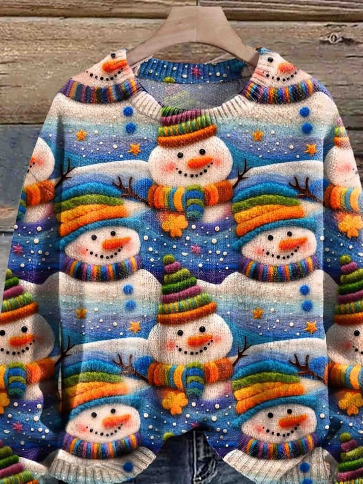 Snowman Christmas Art Print Knit Pullover Sweater