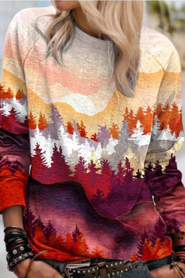 Landscape Print Round Neck Long Sleeves Sweatshirt