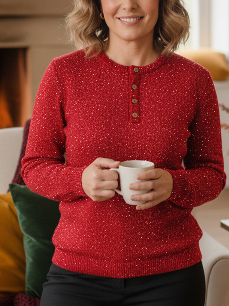 Women's Shiny Henley Neck Solid Color Sweater Top