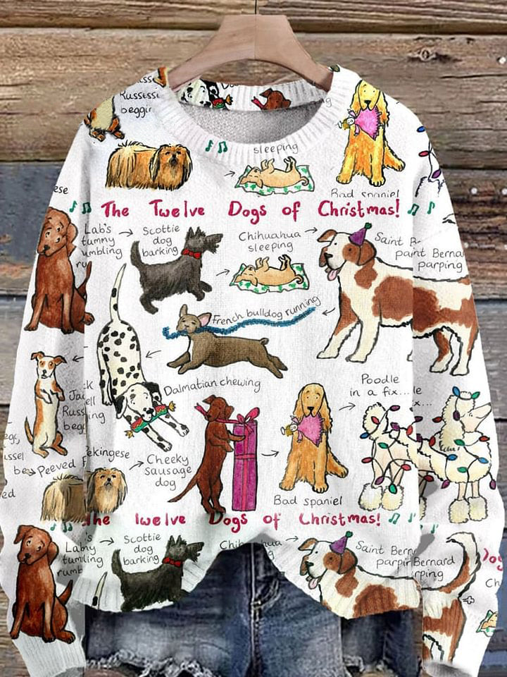 The Twelve Dogs Of Christmas  Funny Dogs Christmas Print Knit Pullover Sweater