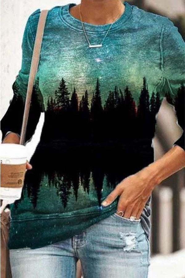 Landscape Print Round Neck Long Sleeves Sweatshirt