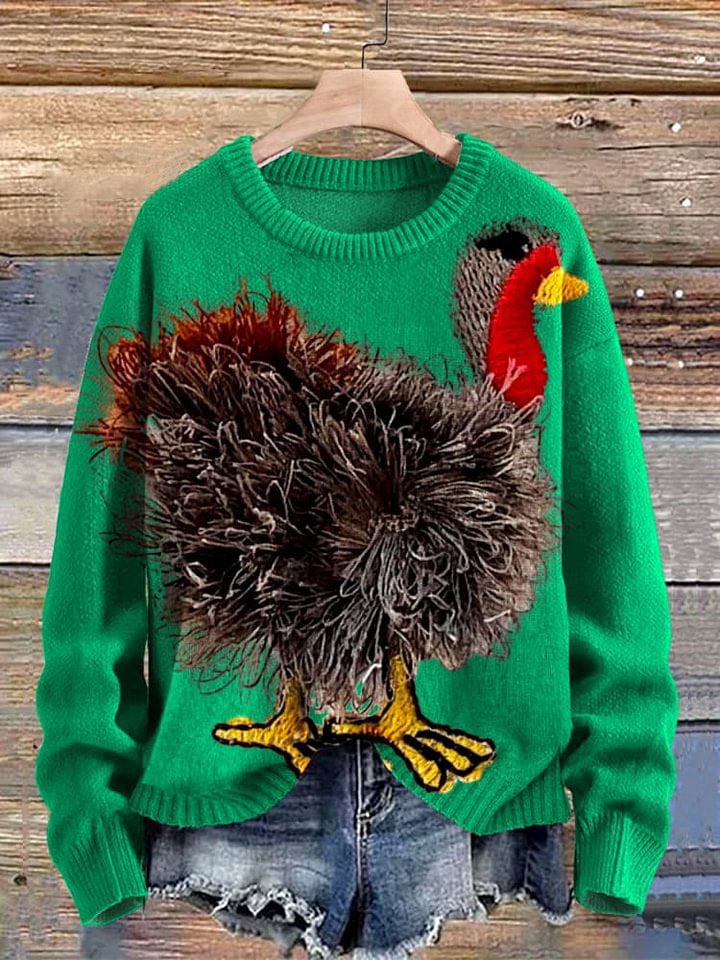 Funny Turkey Art Print Knit Pullover Sweater