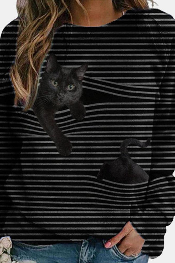 Stripe Cat Print Crew Neck Long Sleeves Sweatshirt