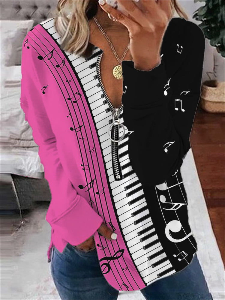 Music printed round neck half zip long sleeved sweatshirt