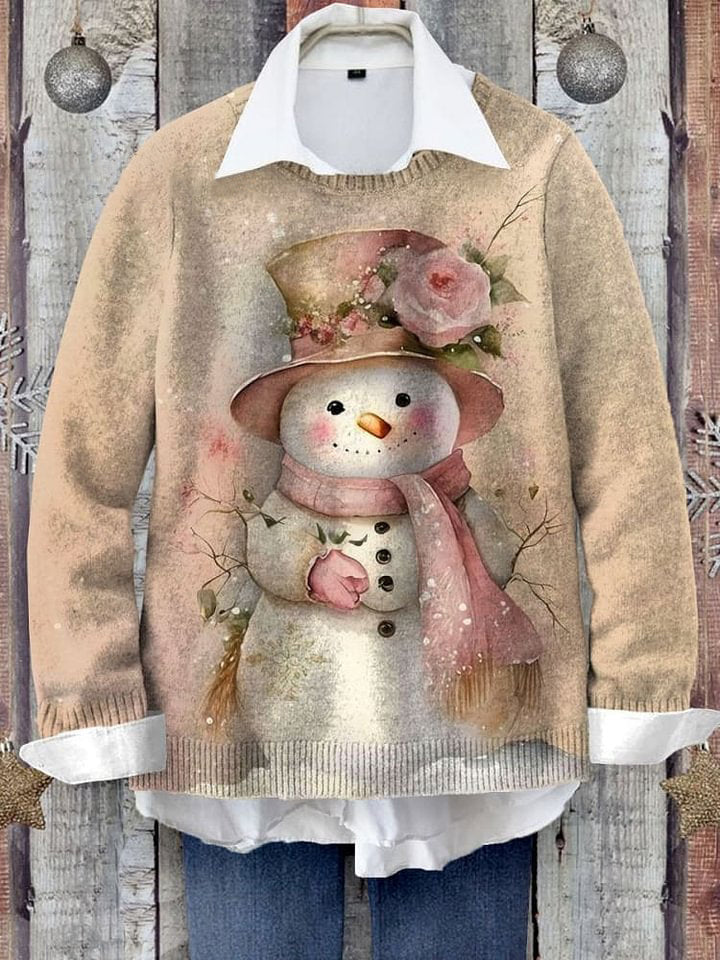 Vintage Christmas Art Print Knit Pullover Sweater