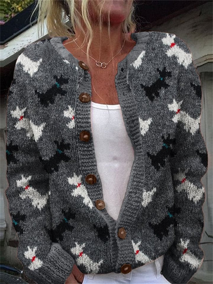 Fuzzy Scottish Terrier Dogs Pattern Cozy Knit Cardigan