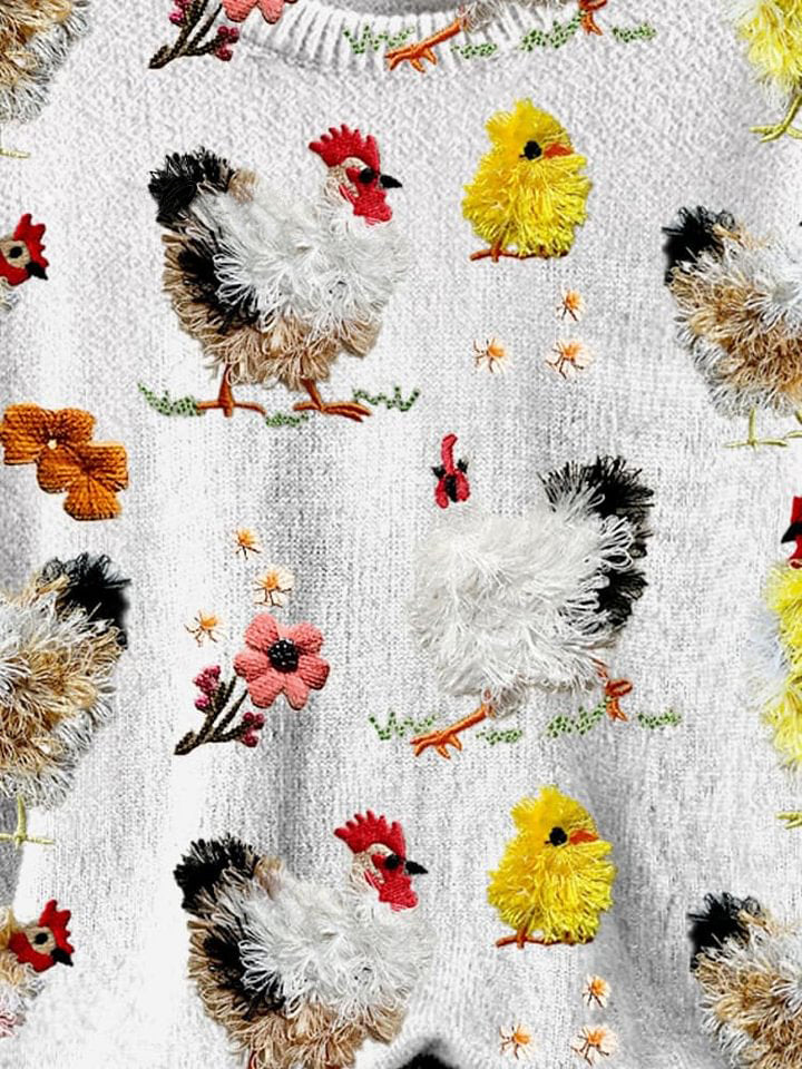 Farm Cute Animals Chicken Embroidery Simulation Print Knit Pullover Sweater