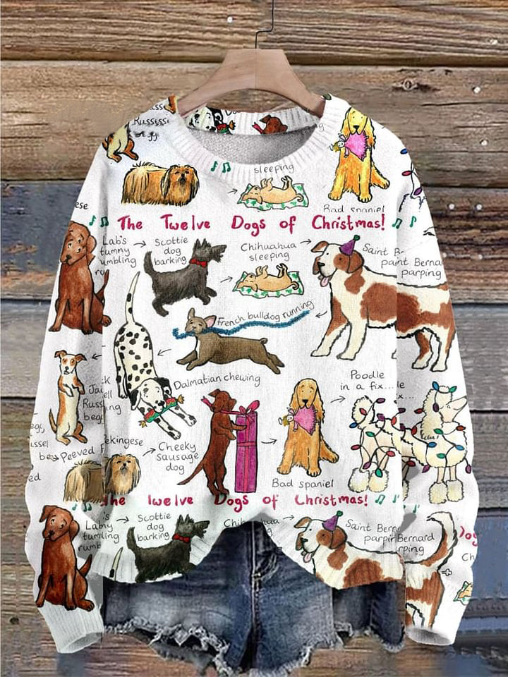 The Twelve Dogs Of Christmas  Funny Dogs Christmas Print Knit Pullover Sweater