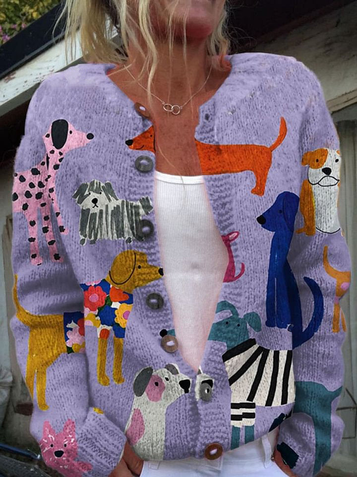 Dog  Art Print Buttoned Cardigan Sweater