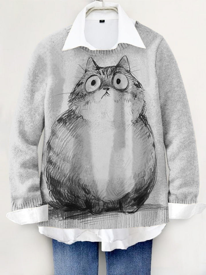 Cute Cat Hand-painted Art Print Knit Pullover Sweater