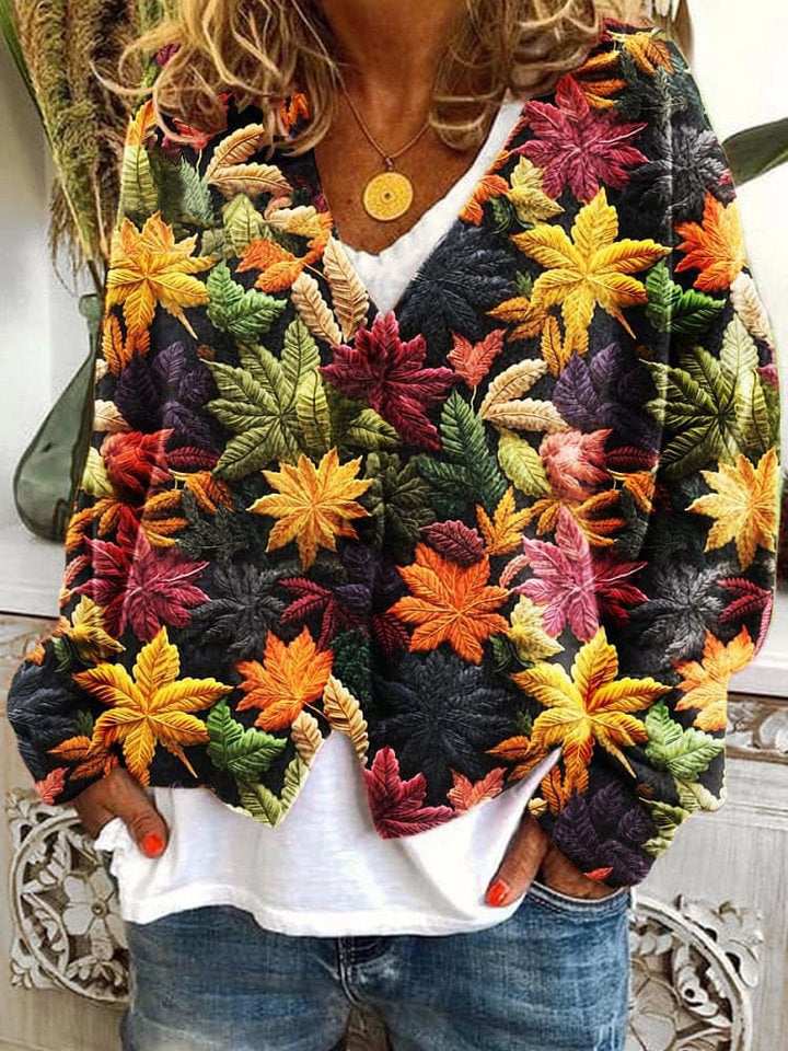 Autumn Maple Leaves Pattern Art Print Buttoned V-neck Cardigan Sweater