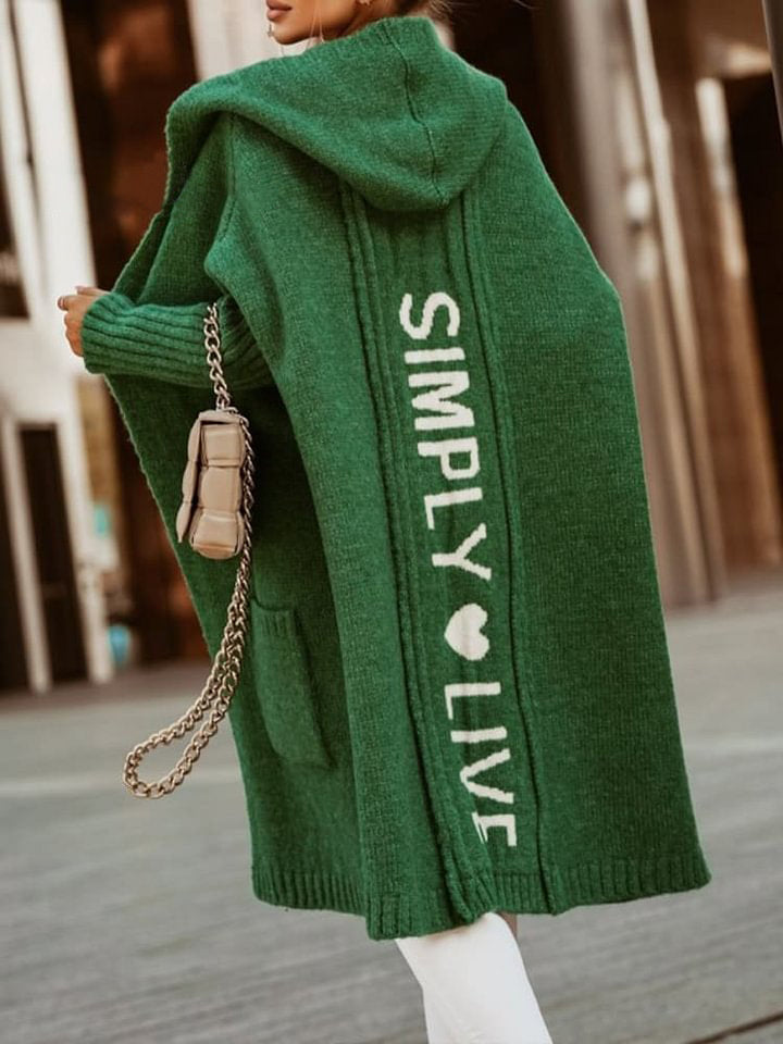Long Cardigan Lapel Hooded Long Lettered Loose Knitted Jacket