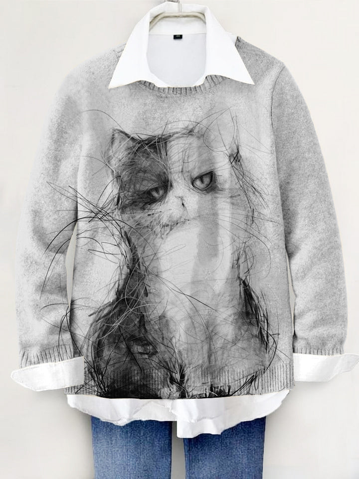 Cute Cat Hand-painted Art Print Knit Pullover Sweater