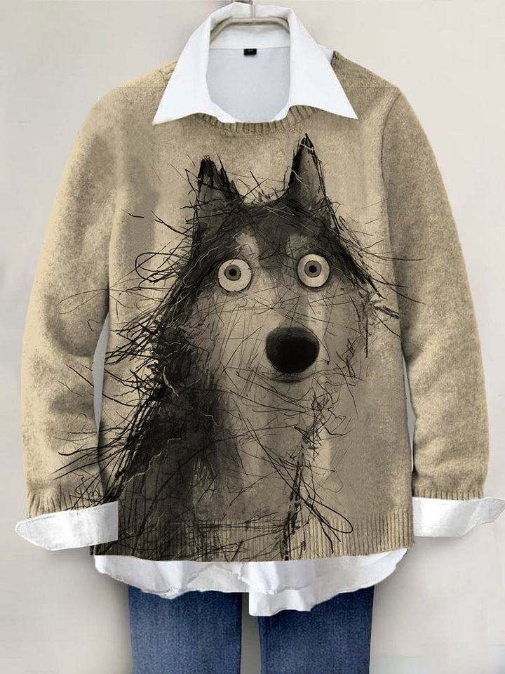 Cute Dog Hand-painted Art Print Knit Pullover Sweater