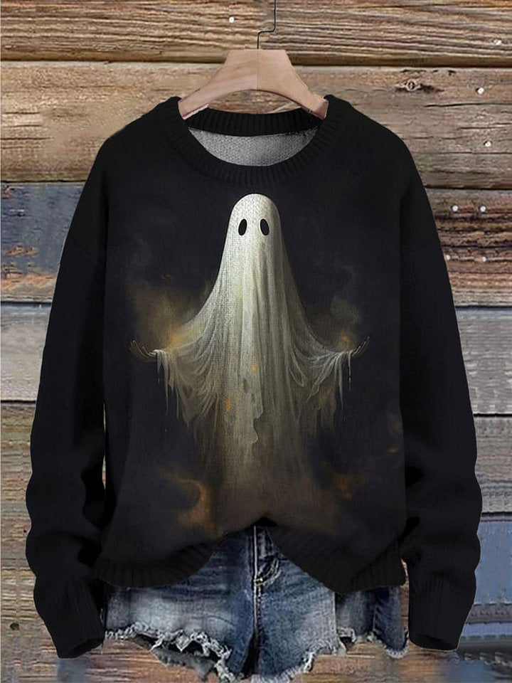 Halloween Ghost Art Printed Knit Pullover Sweater