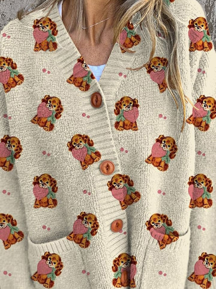 Retro Cartoon Dog Pattern Printed Buttoned Cardigan Sweater