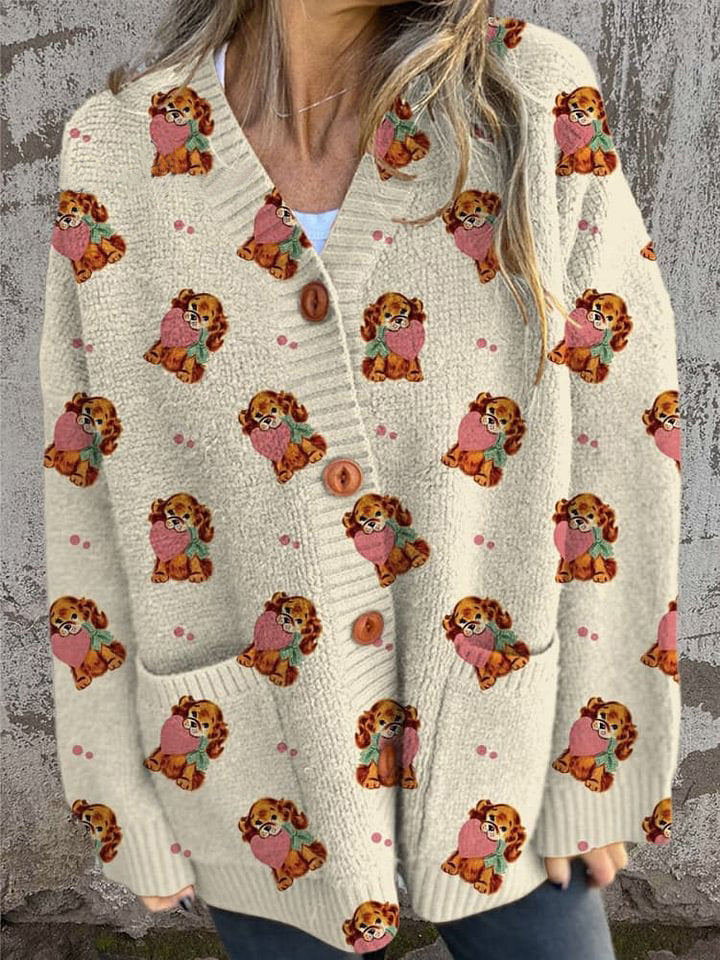 Retro Cartoon Dog Pattern Printed Buttoned Cardigan Sweater