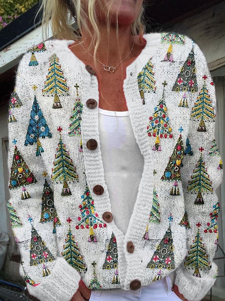 Vintage Christmas Tree Pattern Printed Comfortable Sweater Knit Cardigan