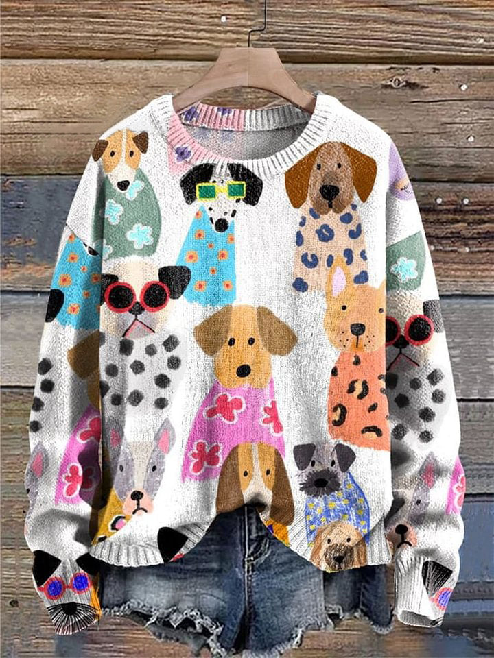 Colorful Cartoon Puppy Print Knit Pullover Sweater