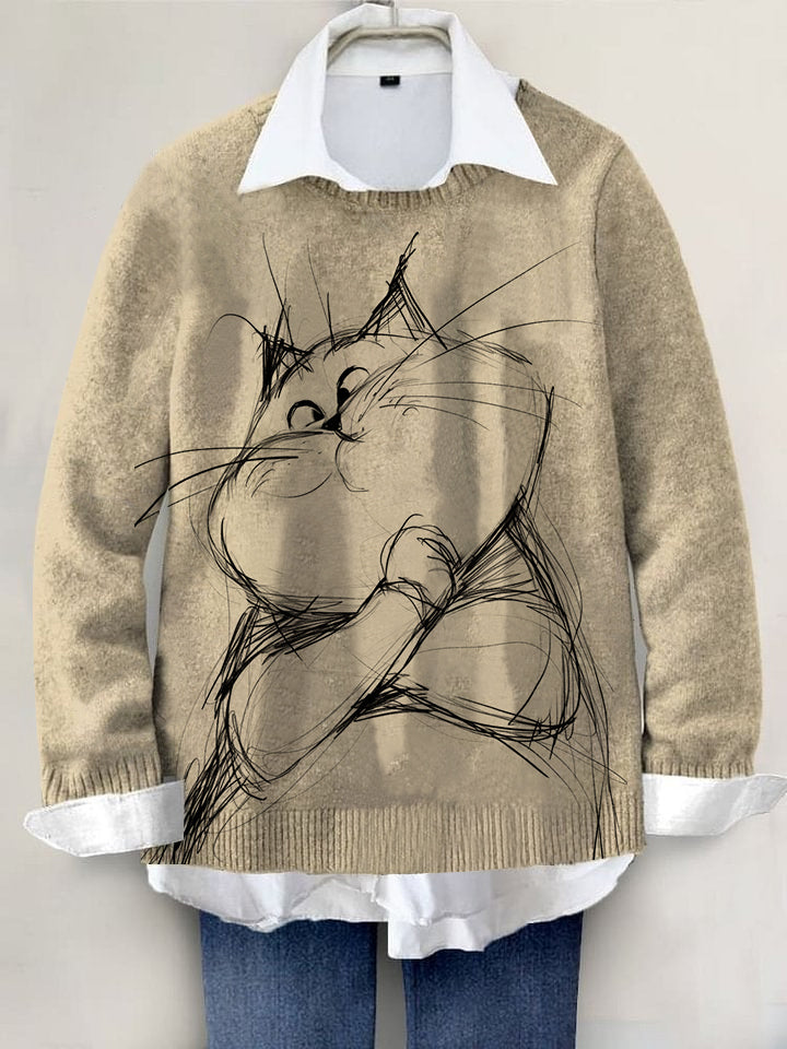 Cute Cat Hand-painted Art Print Knit Pullover Sweater