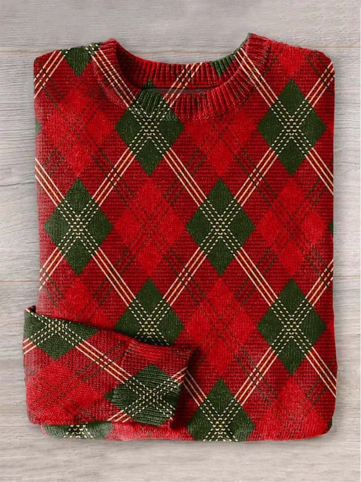 Merry Christmas Diamond lattice Print Knit Pullover Sweater