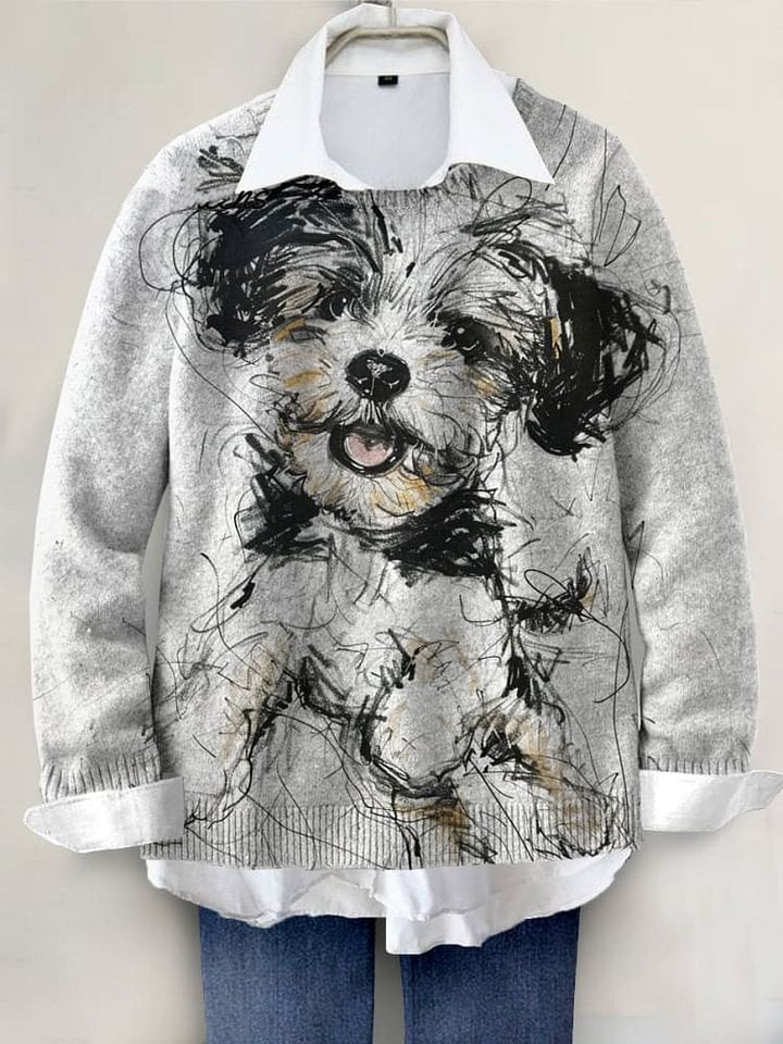 Lovely Dog Hand-painted Art Print Knit Pullover Sweater